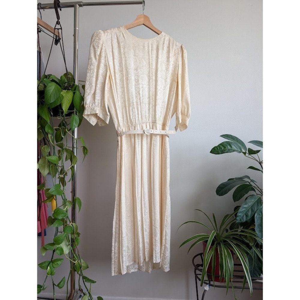vintage 80s silk dress 12 ivory wedding pleated drop waist Jacquard bridal